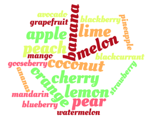 etikettmoln med namn på frukter och bär